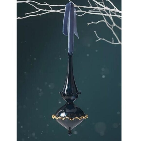 Anthropologie Ruffled Glass Bauble Ornament NEW Navy Blue Gold Christmas Holiday - Picture 1 of 1